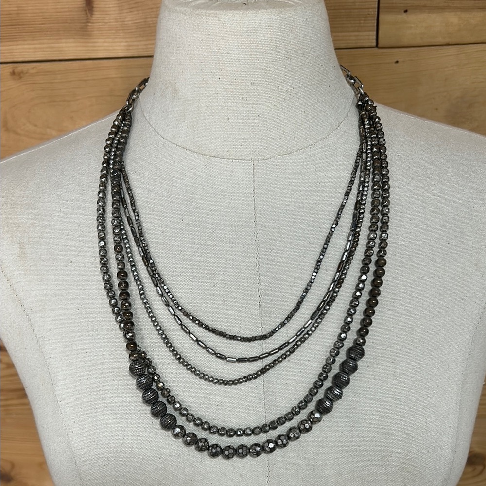 EUC Lucky Brand multi strand silver bead link chain layering necklace boho gypsy